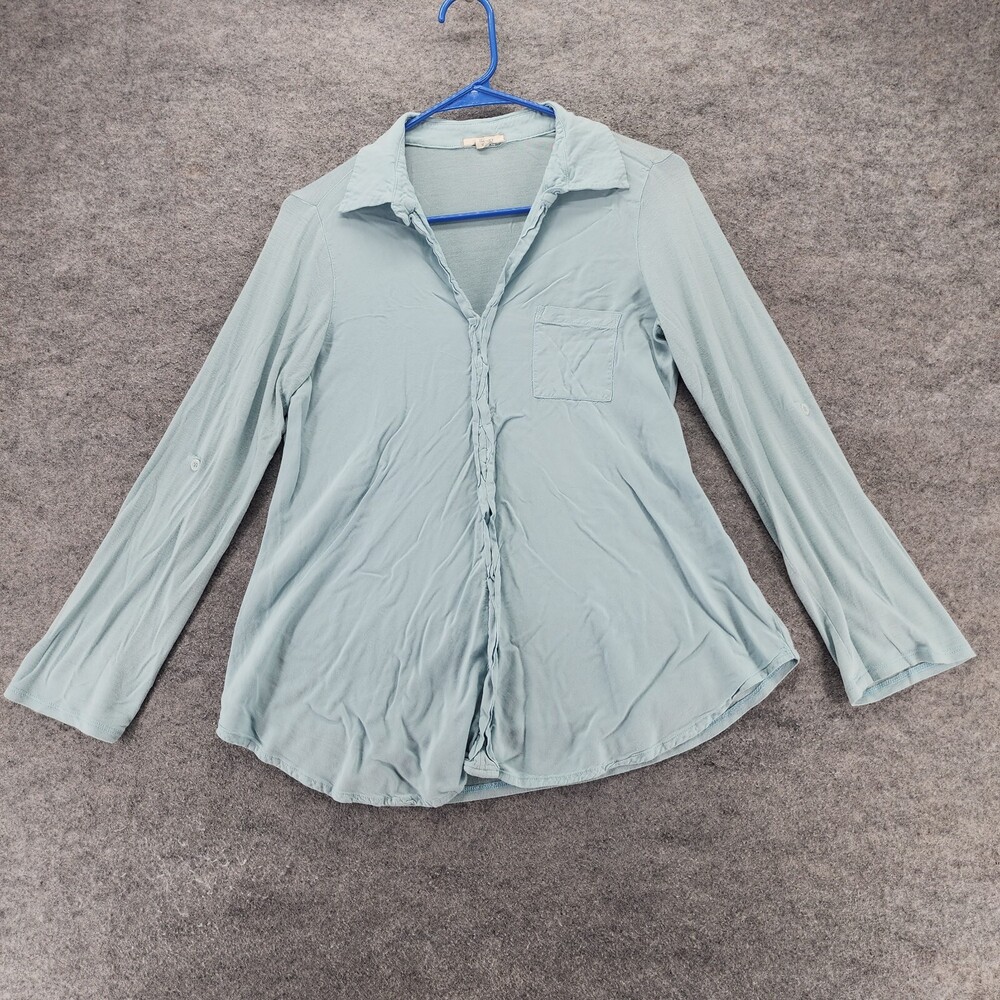 Pleione Shirt Womens Small Long Sleeve Blue Roll Tab Sleeve